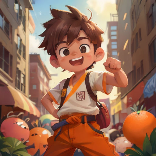 a boy with a backpack and a backpack on a city street with oranges in the background and a building with a sign that says,