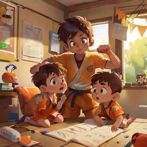 a woman and two children sitting at a table in a room with a window and a poster on the wall