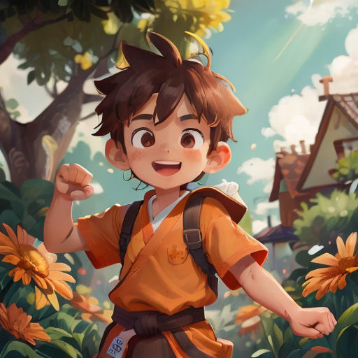 a boy in a yellow shirt and backpack standing in a field of flowers with a house in the background