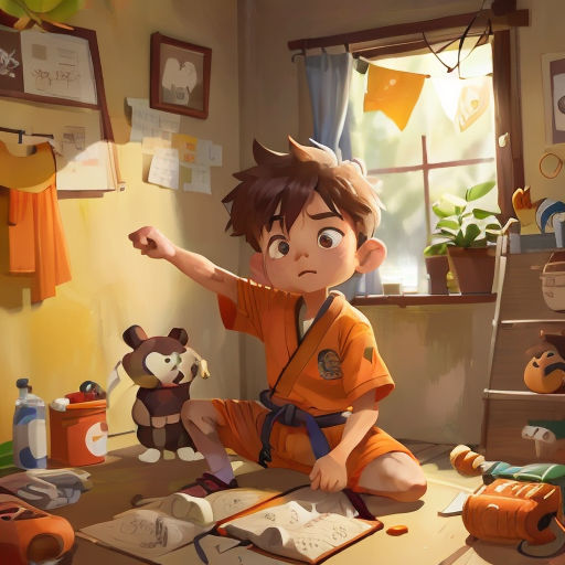 a boy sitting on a table with a book and stuffed animals in the background and a window with a curtain