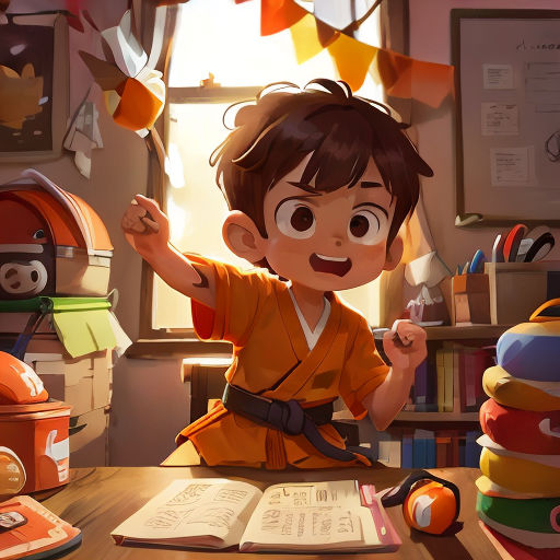 a young boy is sitting at a desk with a book and a pencil in his hand and a book in his other hand