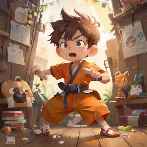 a boy in a karate outfit is holding a sword in a room with stuffed animals and a lamp on the wall