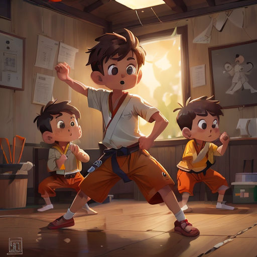 a group of young boys in a martial class in a room with a window and a light shining in