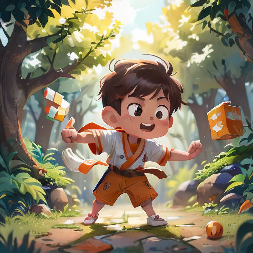 a boy in a forest with a box in his hand and a box in his hand, with a smile on his face
