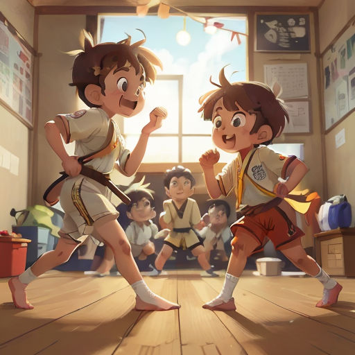 two children in a room with a group of people watching them in the background and a boy in the foreground