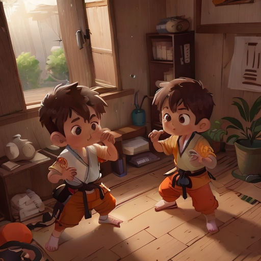 two children in a room with a wooden floor and a window with a plant in it and a potted plant in the corner