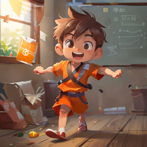 a boy running across a wooden floor in a room with a chalkboard on the wall and a chalkboard on the floor