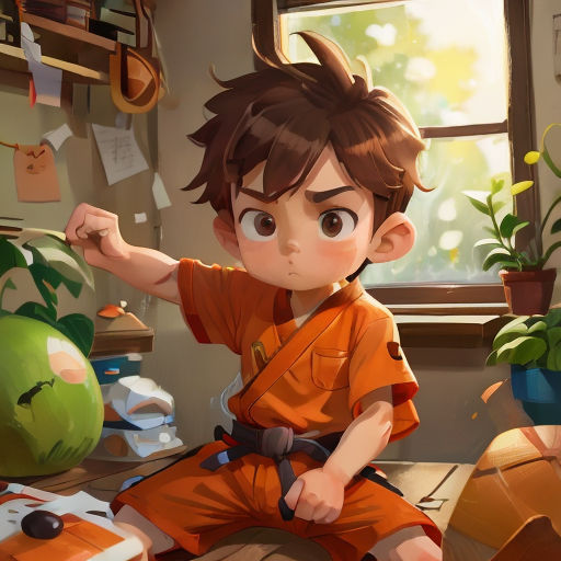 a boy sitting on a table in a room with a plant and a box of paper on the floor