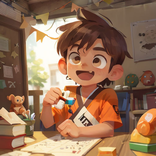 a boy is sitting at a table with a cup of coffee and a book in front of him and a teddy bear