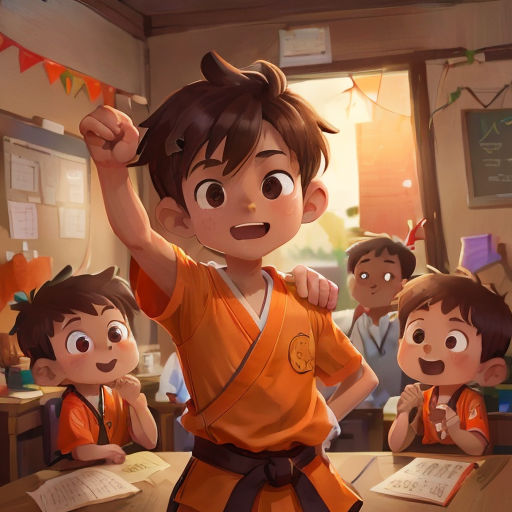 a boy in an orange shirt is standing in front of a group of children in a classroom with a teacher
