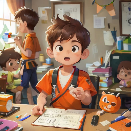 a boy in an orange shirt is writing in a book with a group of children behind him in a classroom