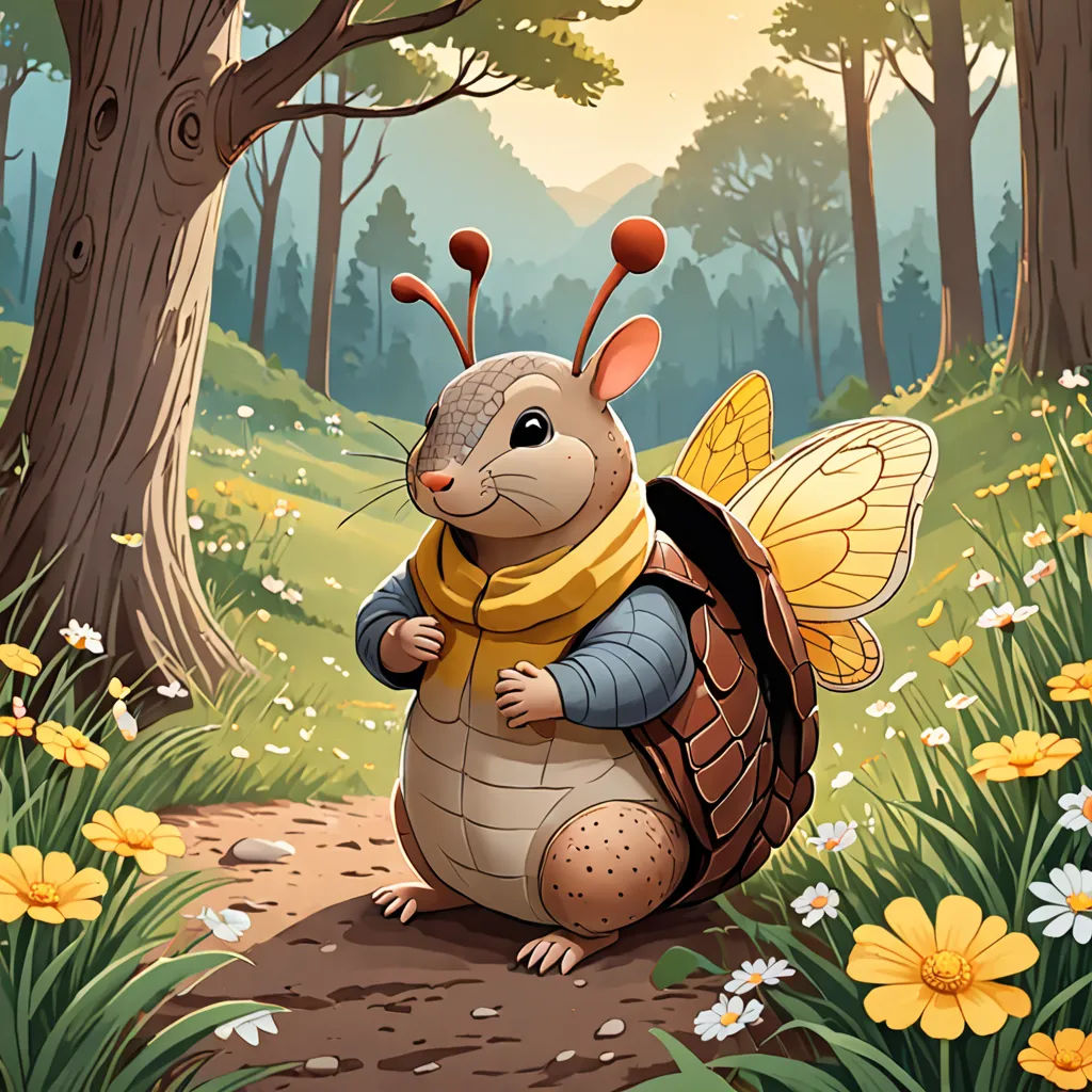 a cartoon mouse with a scarf on its back in a forest with flowers and trees in the background,, fantasy art, a character portrait, Chris LaBrooy, storybook illustration