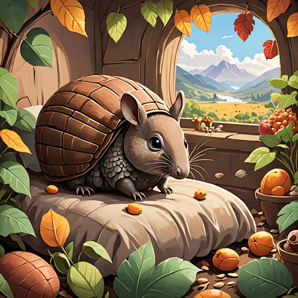 a cartoon picture of a mouse on a bed in a cave with pumpkins and leaves around it and a mountain in the background, fantasy art, a storybook illustration, Chris LaBrooy, fantasy illustration