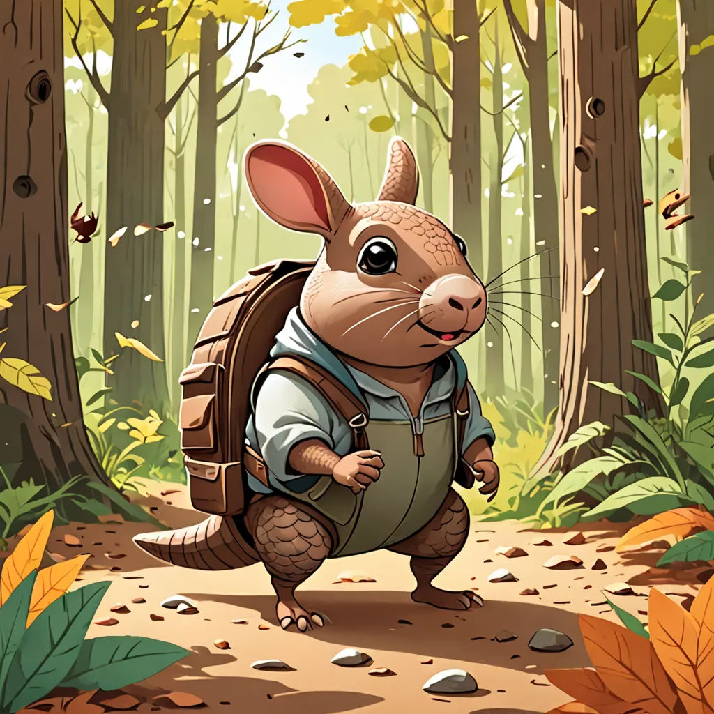 a cartoon mouse with a backpack in the woods with leaves on the ground and a forest background with trees, sots art, a storybook illustration, Chris LaBrooy, magic the gathering artwork