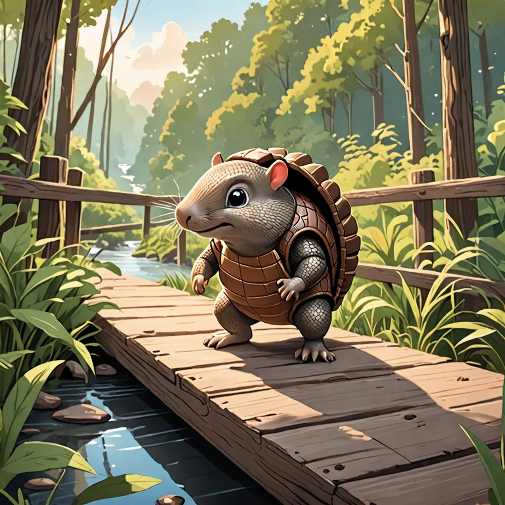 a cartoon turtle is crossing a bridge over a stream in a forest with trees and grass on either side, sots art, a storybook illustration, Chris LaBrooy, official art