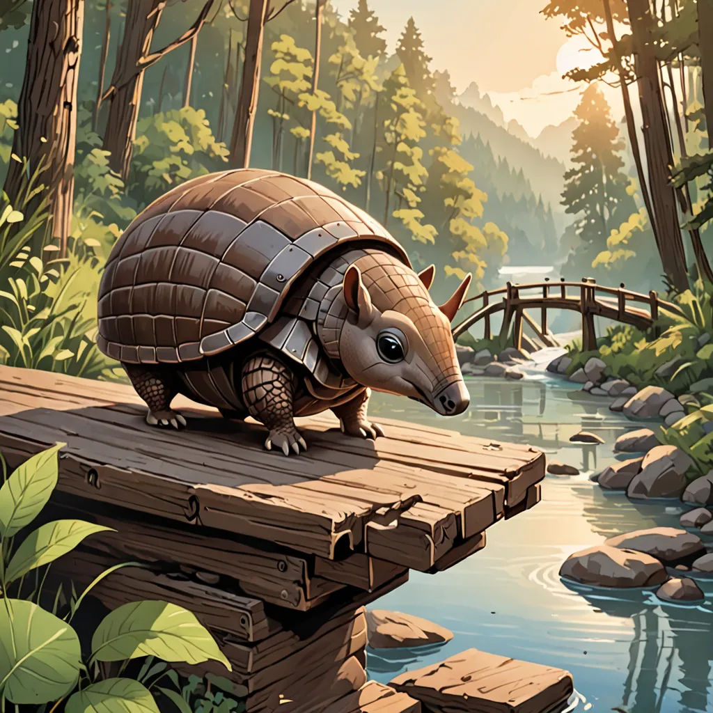 a painting of a small animal on a bridge over a river in a forest with a bridge and a stream, sots art, a storybook illustration, Dan Mumford, official art