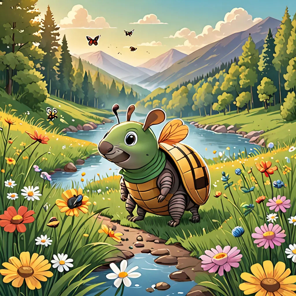 a cartoon picture of a bug in a field of flowers and a stream of water with a butterfly flying over it, sots art, a storybook illustration, Chris LaBrooy, game art