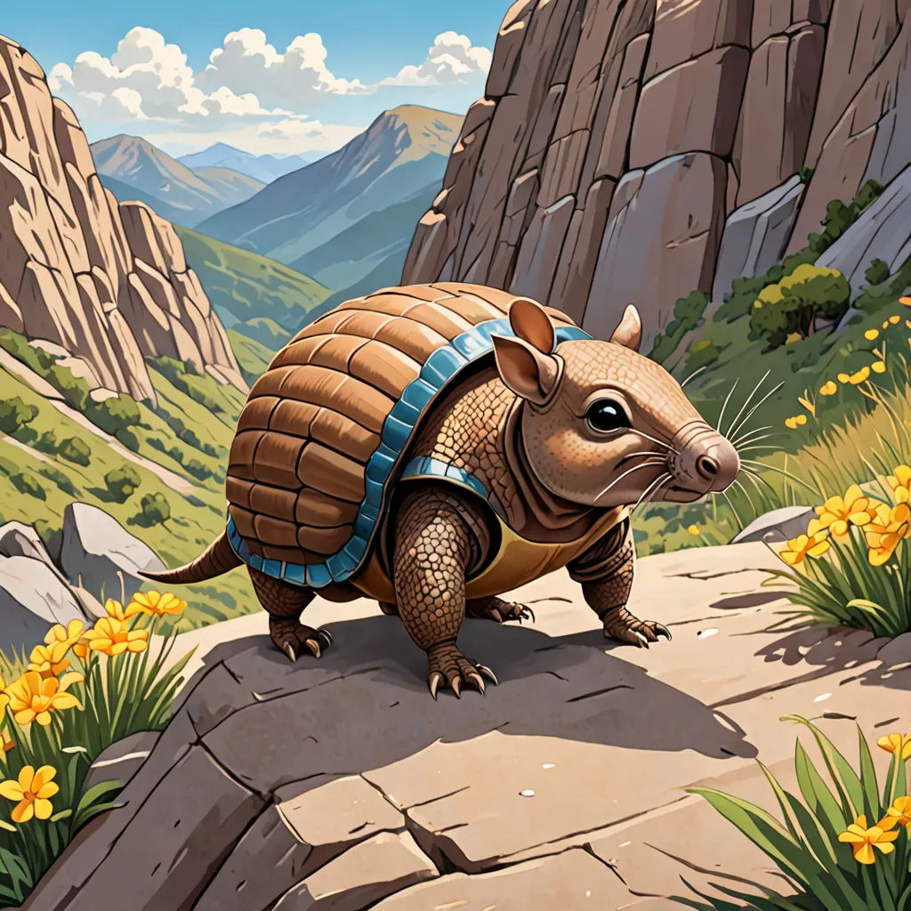 a cartoon picture of a giant armadile on a rock in the mountains with flowers around it and a mountain range in the background, sots art, a storybook illustration, Chris LaBrooy, high detail illustration