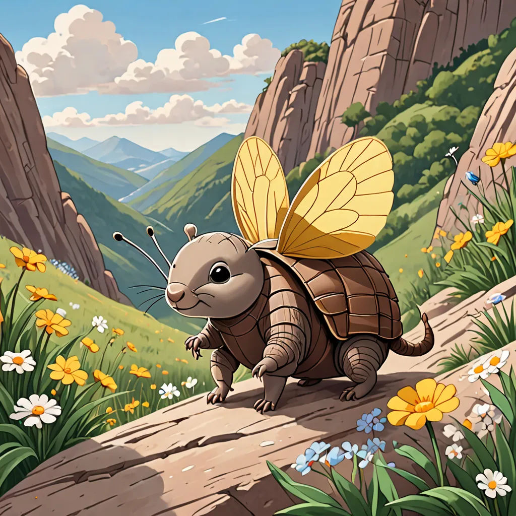 a cartoon picture of a small insect on a rock in a mountain landscape with flowers and rocks in the background, sots art, a storybook illustration, Chris LaBrooy, official art