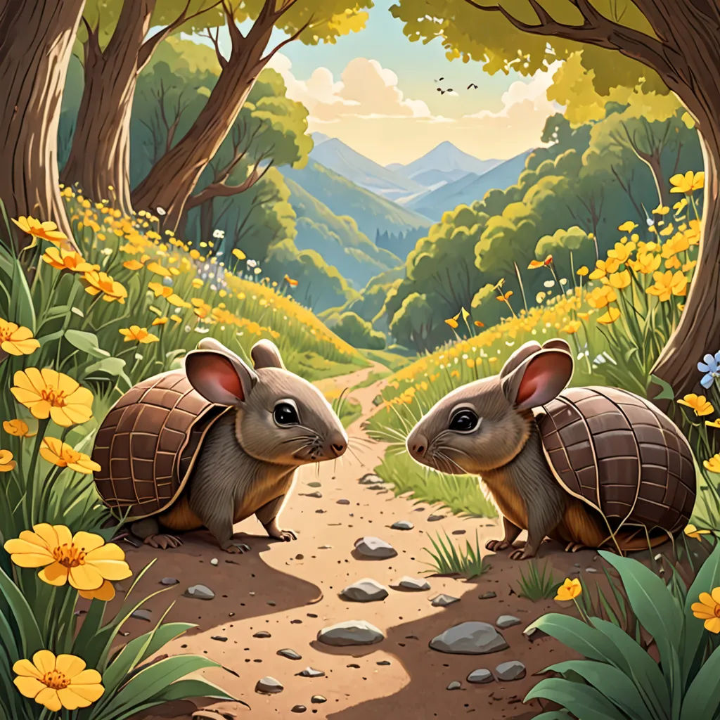 two brown mice sitting on a dirt path in a forest with yellow flowers and trees in the background, with a mountain range in the distance, fantasy art, a storybook illustration, Chris LaBrooy, storybook illustration