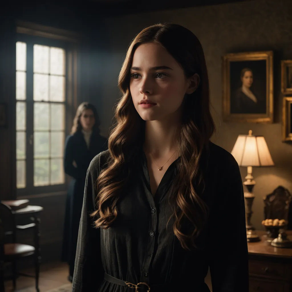 a woman standing in a room with a lamp on a table and a woman standing in the background looking at the camera, aestheticism, a renaissance painting, Anne Said, vfx