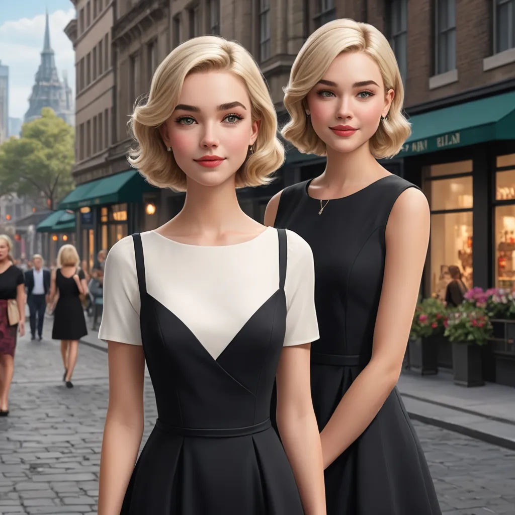 two women in black and white dresses standing on a street corner with a city in the background and a woman in a black dress, photorealism, a digital rendering, disney, promotional image