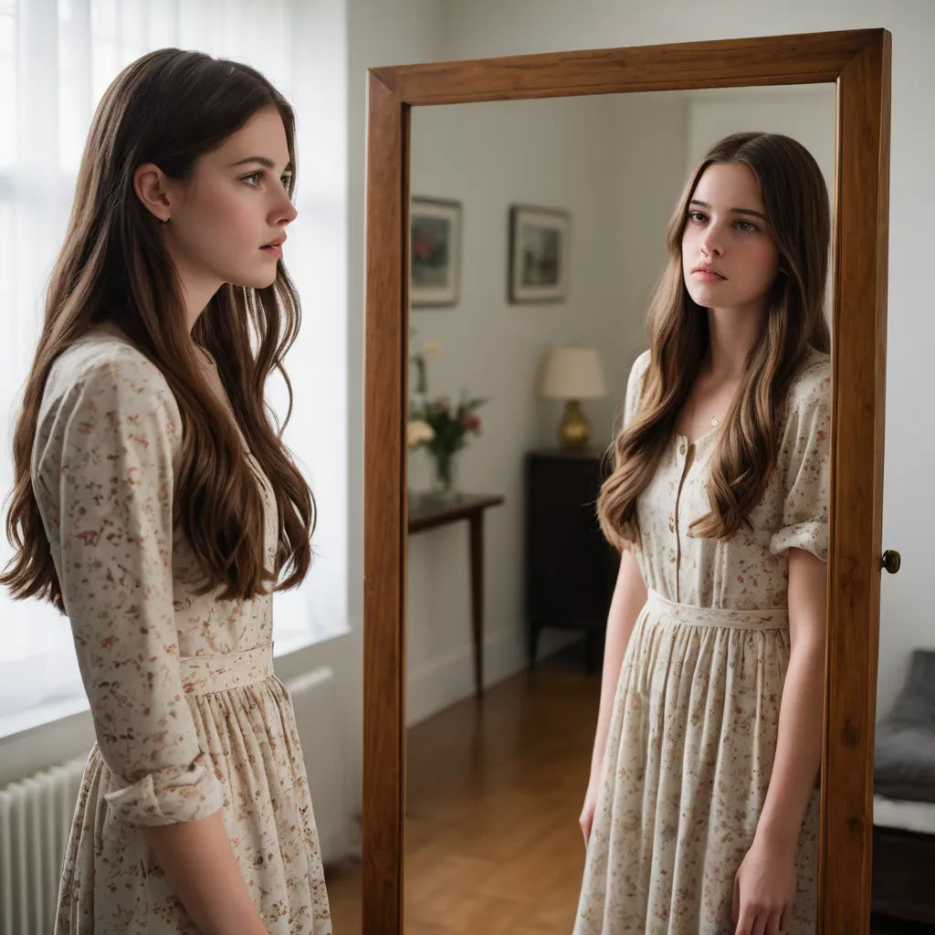 a woman standing in front of a mirror looking at herself in the mirror, with long hair in the wind, aestheticism, a character portrait, Charlotte Harding, promotional image