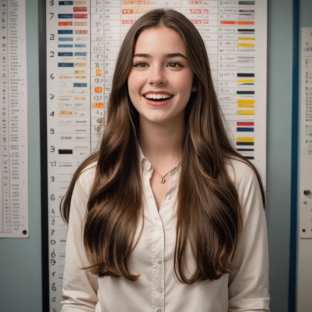 a woman standing in front of a wall with a bunch of numbers on it and a smile on her face, vancouver school, a stock photo, Barbara Greg, white background