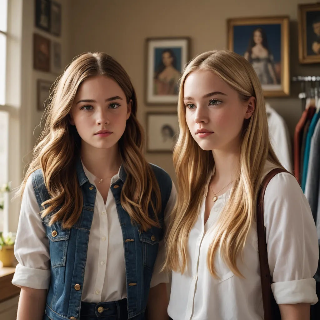 two young women standing next to each other in a room with pictures on the wall and a window behind them, aestheticism, a photorealistic painting, Caroline Lucy Scott, movie still