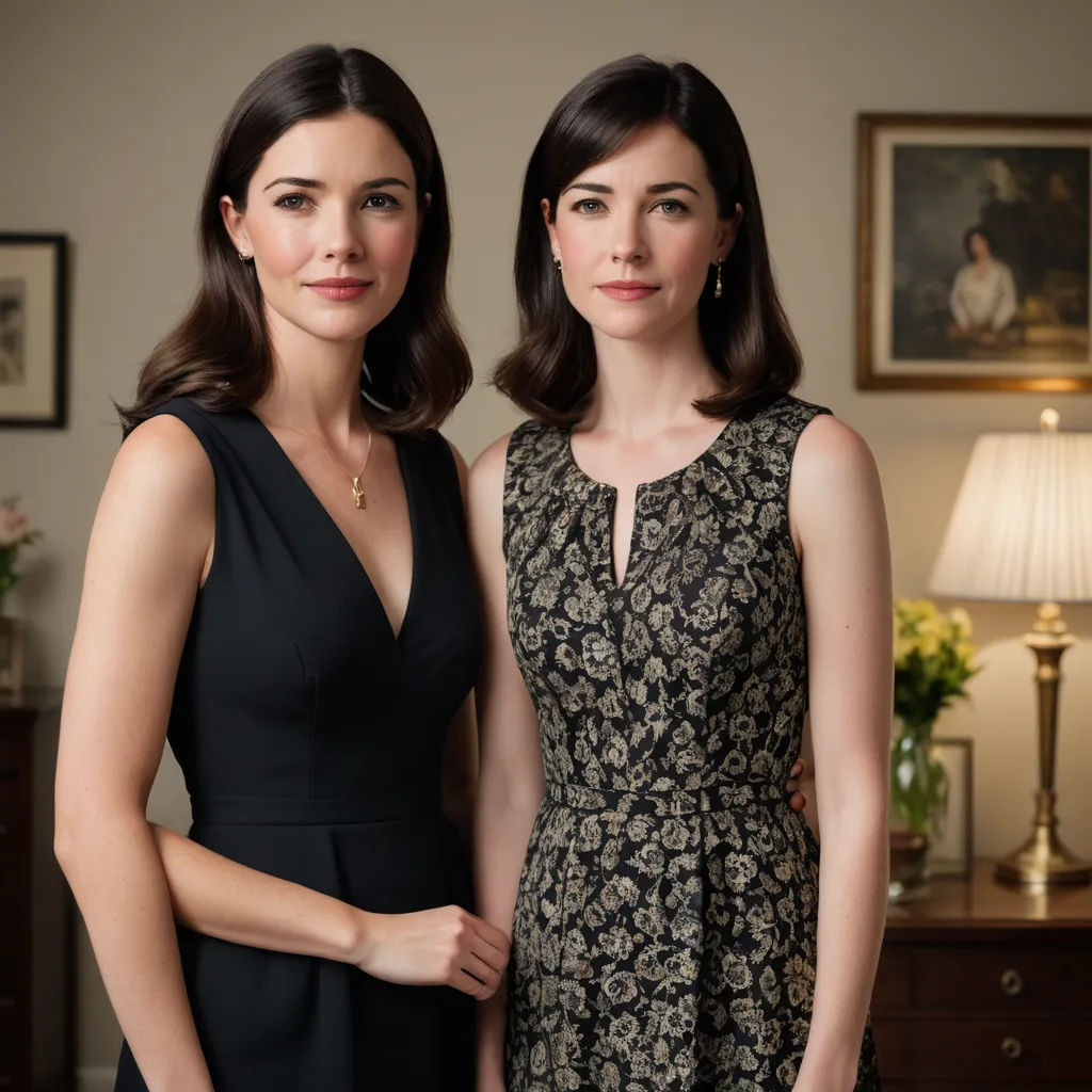 two women standing next to each other in a room with a lamp on the wall and a painting on the wall, private press, a stock photo, Caroline Lucy Scott, promotional image