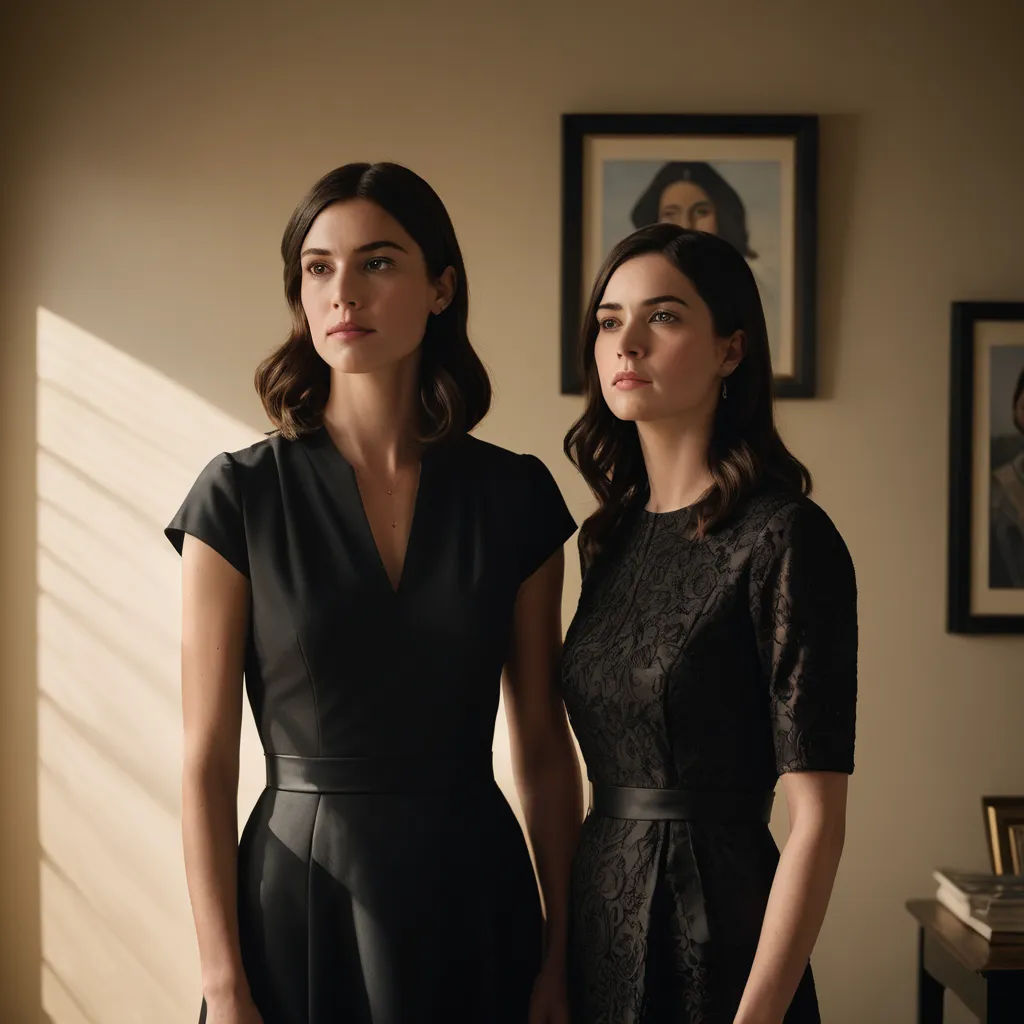 two women standing next to each other in a room with pictures on the wall and a piano in the background, international gothic, a renaissance painting, Christian Hilfgott Brand, promotional image