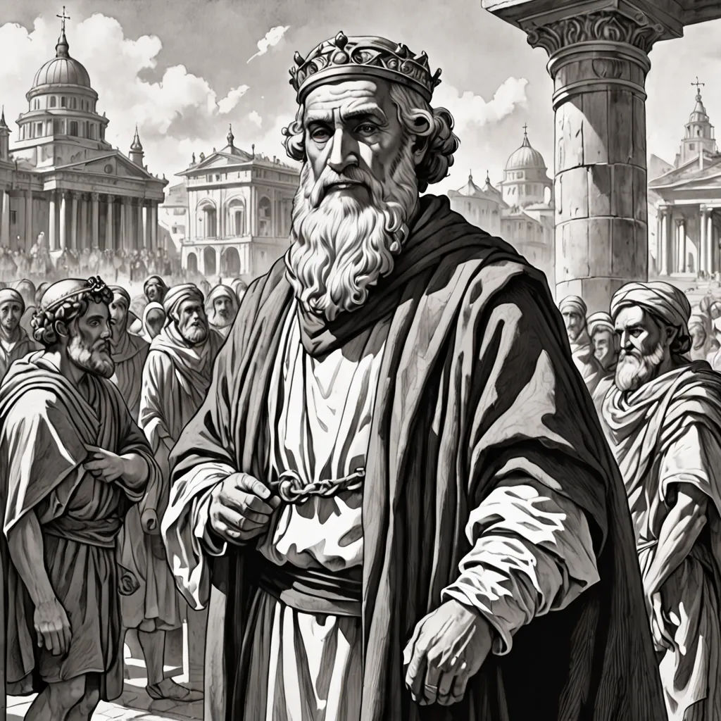 a man in a crown standing in front of a crowd of people in front of a building with columns, neoism, a detailed drawing, David Paton, david lazar