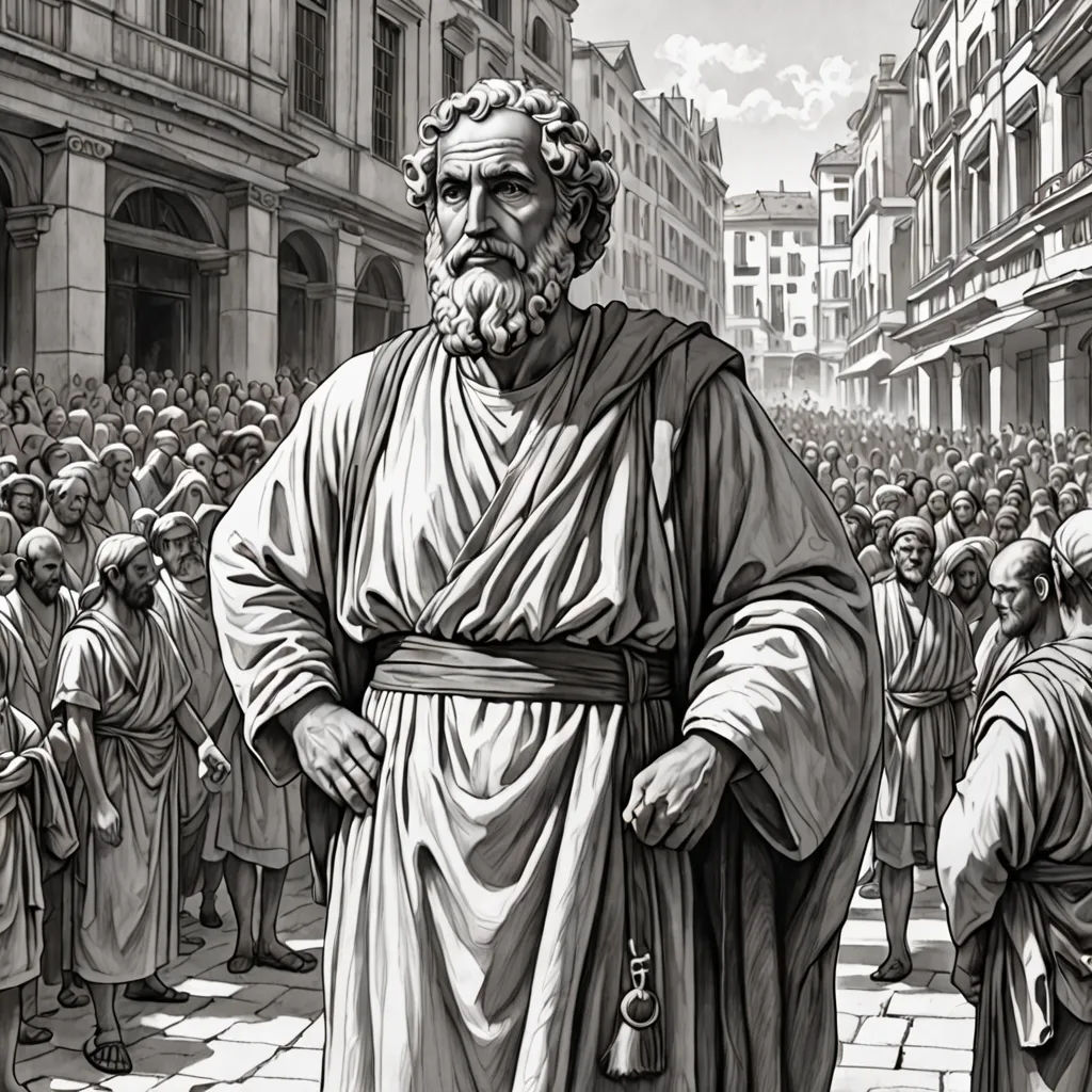 a man in a large crowd of people standing in front of a building with a large statue of a man in the middle, neoism, an engraving, Dionisius, high detail illustration