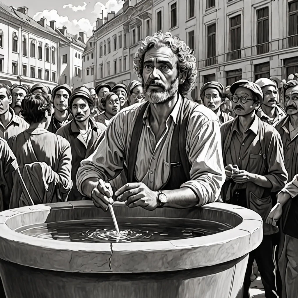 a man is standing in front of a large bucket of water with a stick in it and a crowd of people behind him, socialist realism, an ultrafine detailed painting, Art Spiegelman, matte drawing