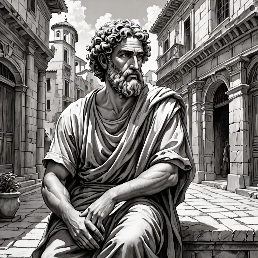 a drawing of a man sitting on a stone bench in front of a building with a clock tower in the background, classical realism, an ultrafine detailed painting, F Scott Hess, highly detailed digital painting