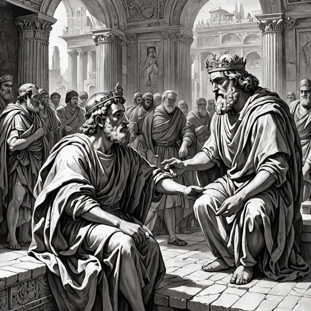 a painting of a man handing something to another man in a crowd of people in ancient greek costumes,, neoism, an ultrafine detailed painting, Brothers Hildebrandt, highly detailed digital painting