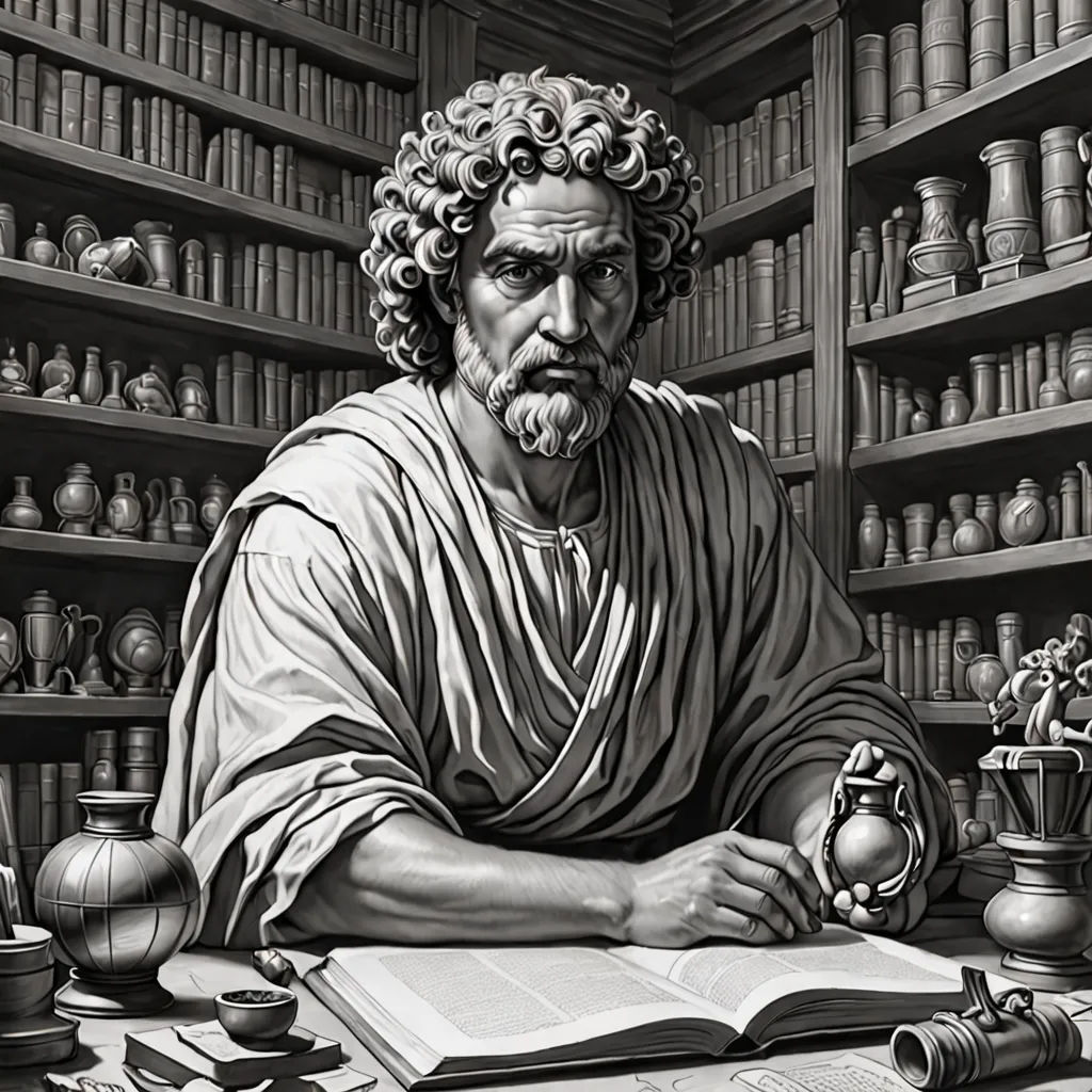 a man sitting at a table with a book and a magnifying glass in front of him, surrounded by bookshelves, academic art, an ultrafine detailed painting, Edgar Ainsworth, golden ratio illustration