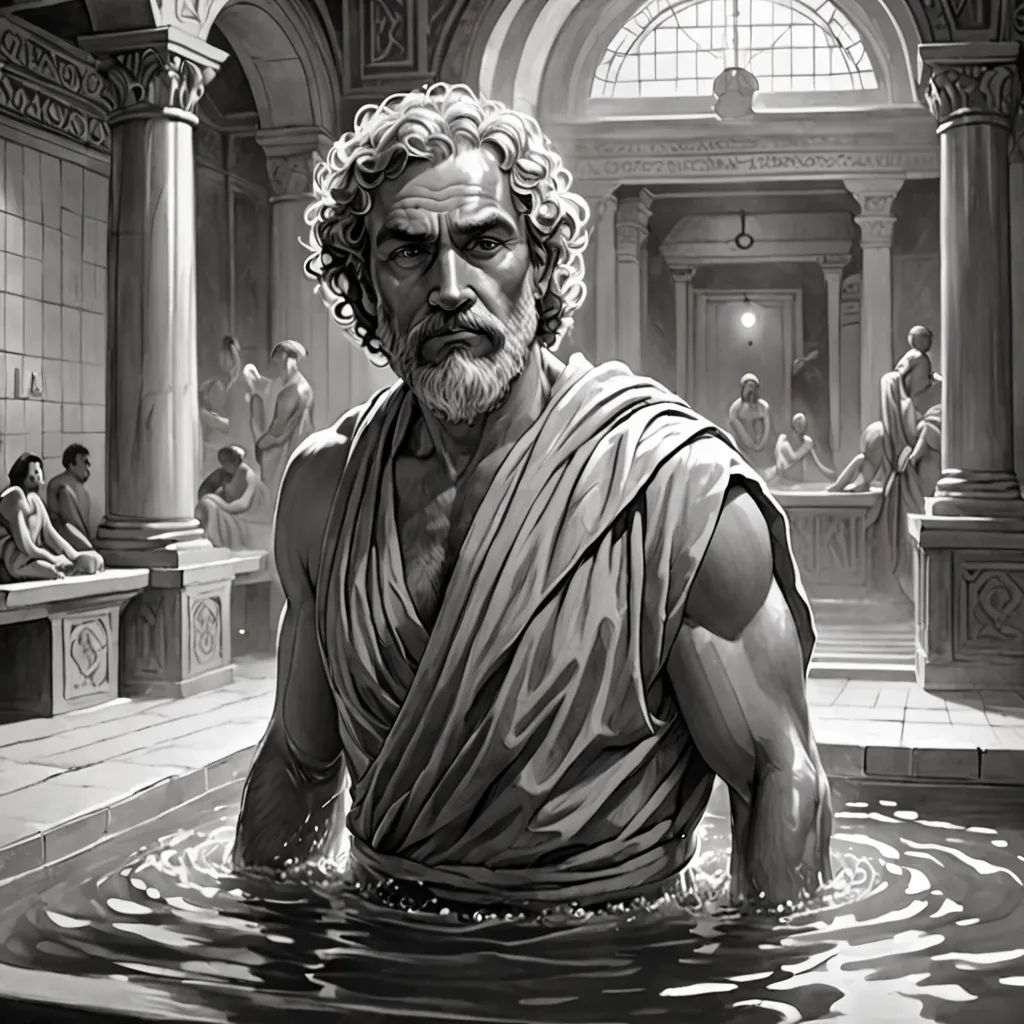 a man in a bathtub with a towel wrapped around his body and a group of people in the background, classical realism, an ultrafine detailed painting, David Palumbo, high detail illustration