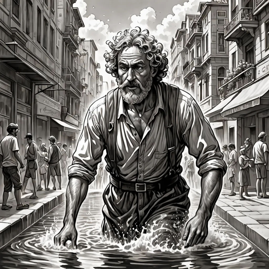 a man walking through a puddle of water in a city street with people walking around him and a building in the background, massurrealism, a comic book panel, F Scott Hess, comic cover art