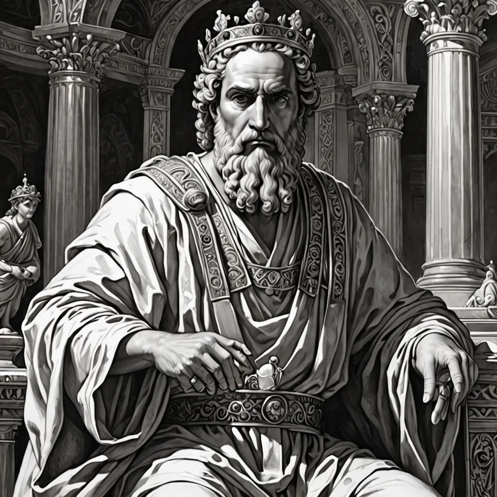 a black and white drawing of a man with a beard and a crown on his head sitting in a chair, classical realism, an ultrafine detailed painting, Dionisius, highly detailed digital painting