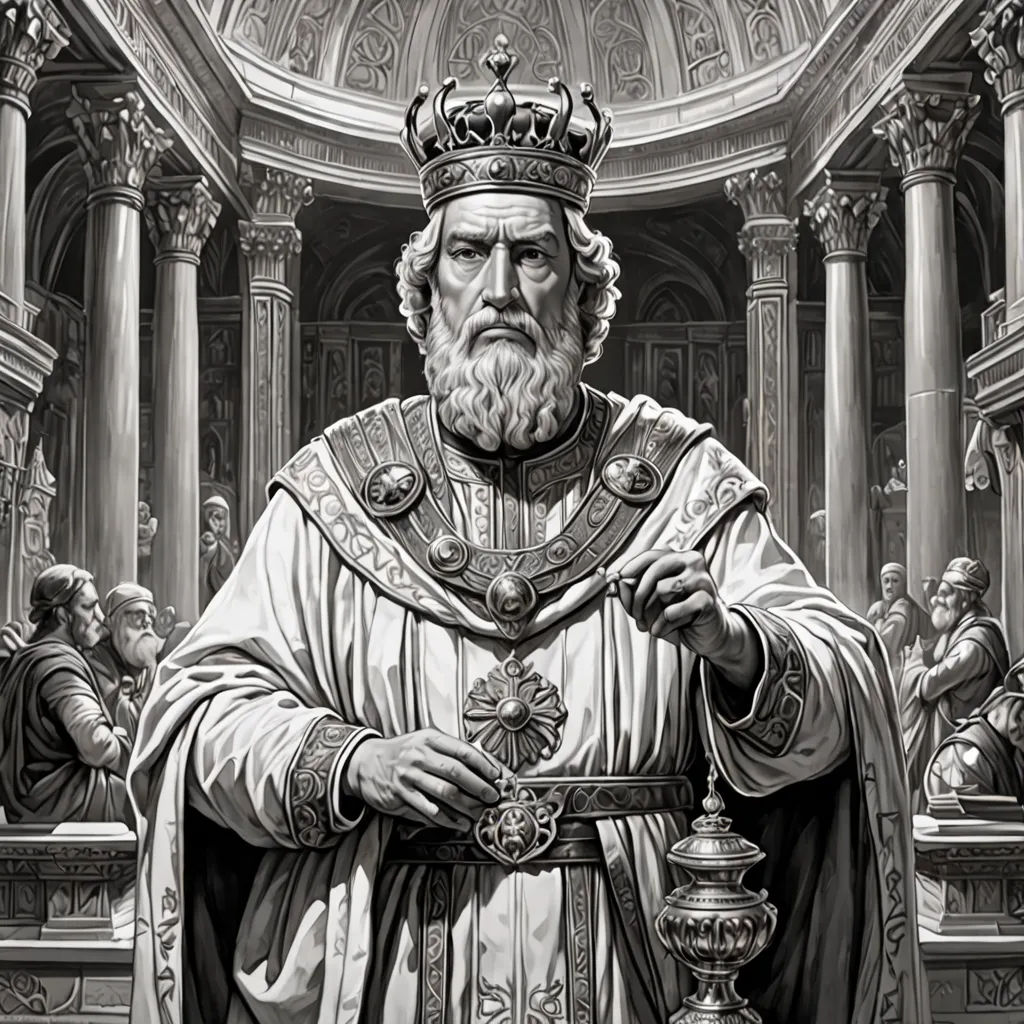 a black and white drawing of a man in a crown and robes with a lamp in his hand and a crowd of people behind him, classical realism, an ultrafine detailed painting, Artur Tarnowski, highly detailed digital painting