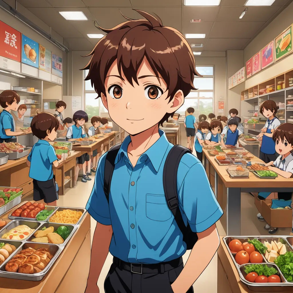 a boy in a blue shirt and a school uniform standing in front of a cafeteria full of food trays, rayonism, concept art, Adam Manyoki, official art