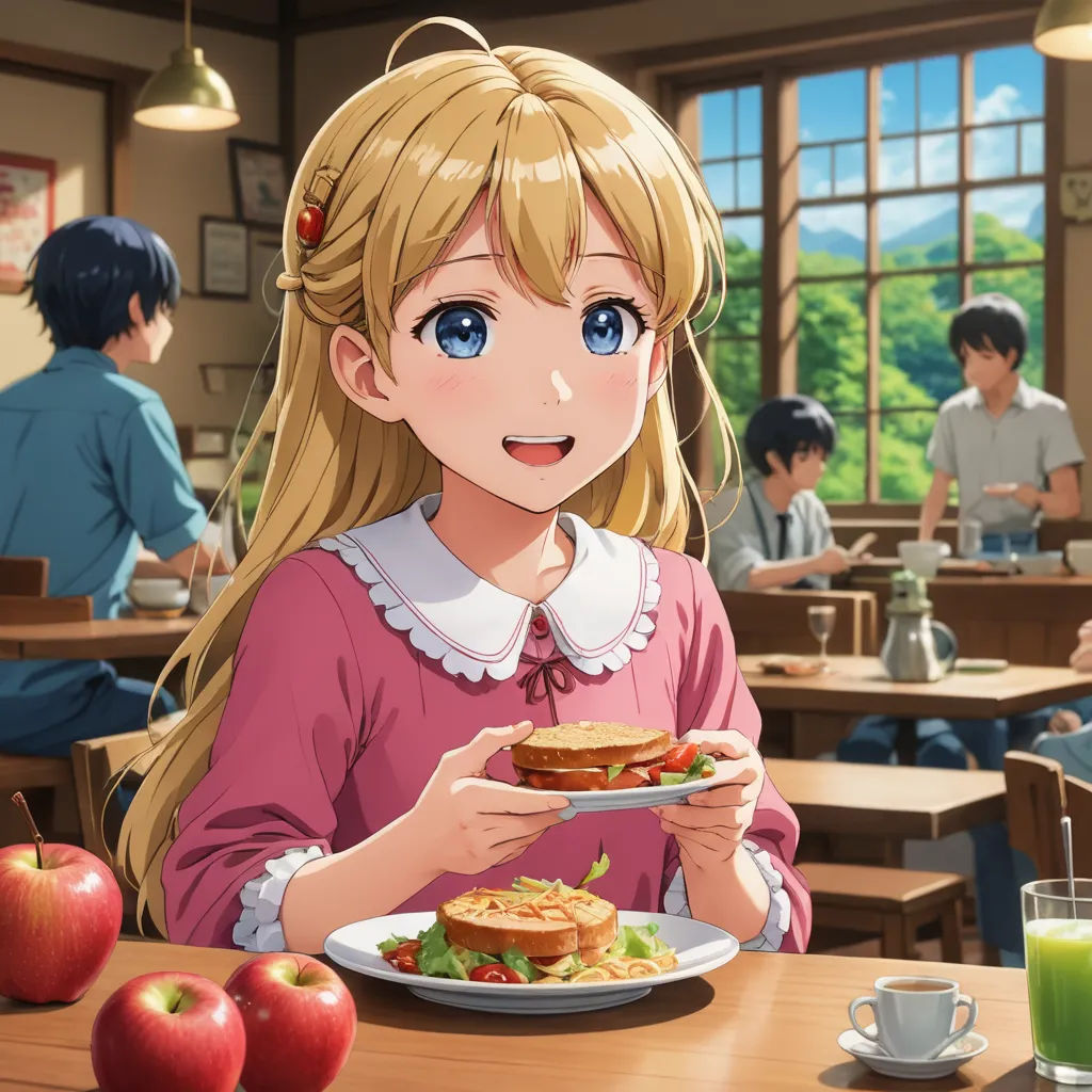 a girl is eating a sandwich in a restaurant with other people in the background and a glass of juice, american scene painting, a stock photo, Anne Said, official art