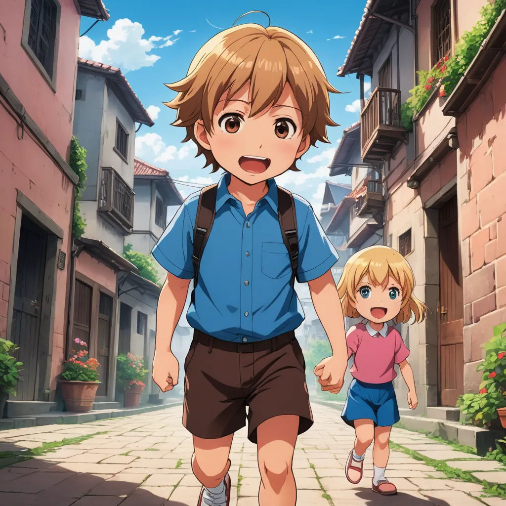 a man and a little girl walking down a street in front of a building with a sky background and a blue sky, sots art, concept art, artist, anime key visual