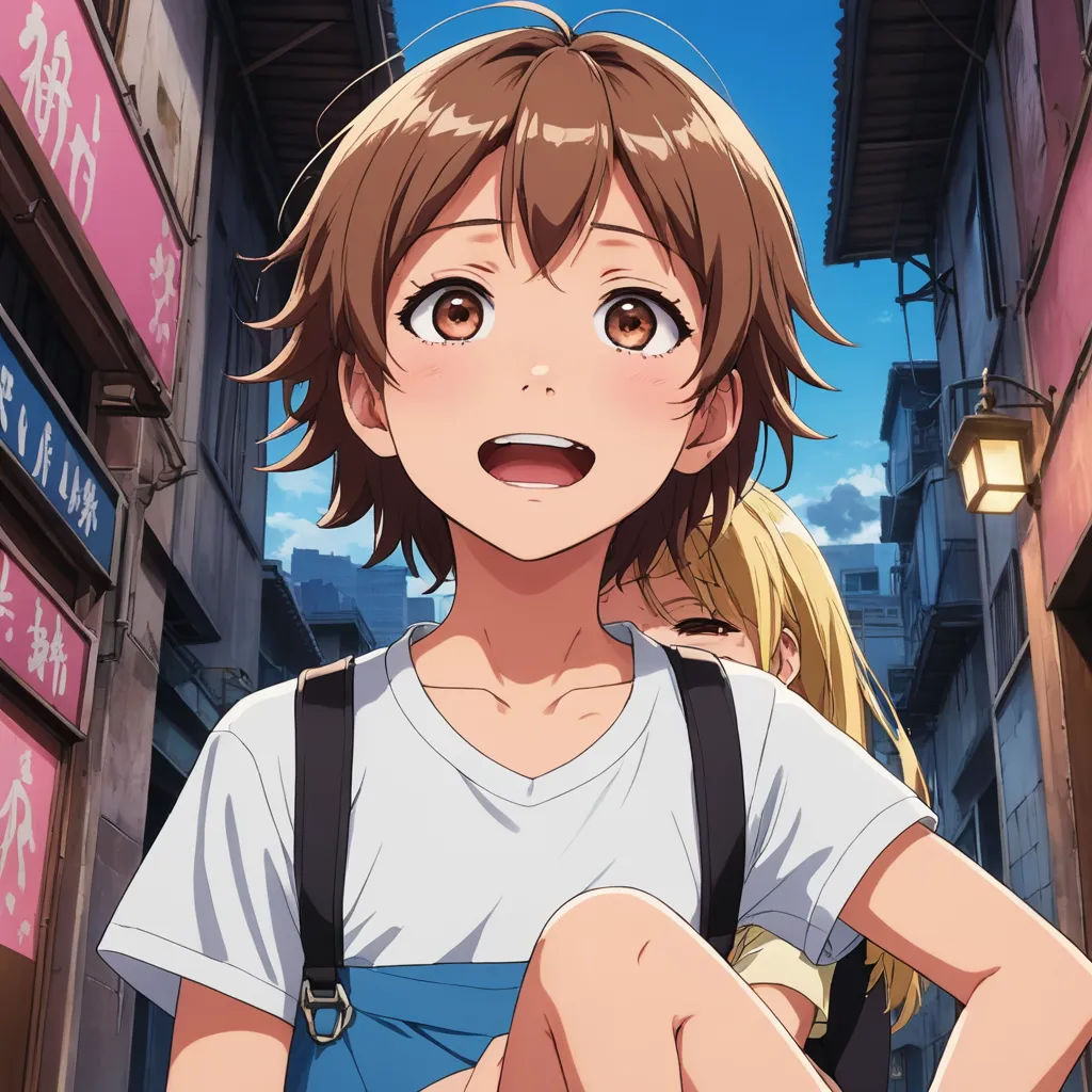 a woman standing in front of a building with a surprised look on her face and a man standing behind her, visual art, an album cover, Aguri Uchida, official art