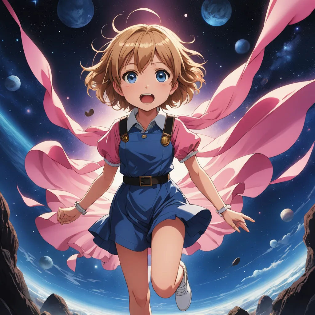 a girl in a blue dress is running through the space with a pink scarf around her neck and a pink scarf around her neck, space art, poster art, Aya Goda, official art
