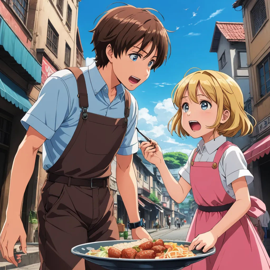 a man and a woman standing next to each other in front of a plate of food on a street, remodernism, a poster, Aya Goda, official art