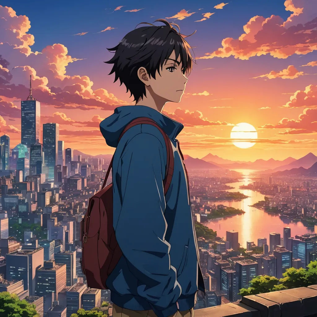 a man standing on top of a roof next to a city skyline at sunset with a lake in the background, visual art, poster art, Ai-Mitsu, anime key visual