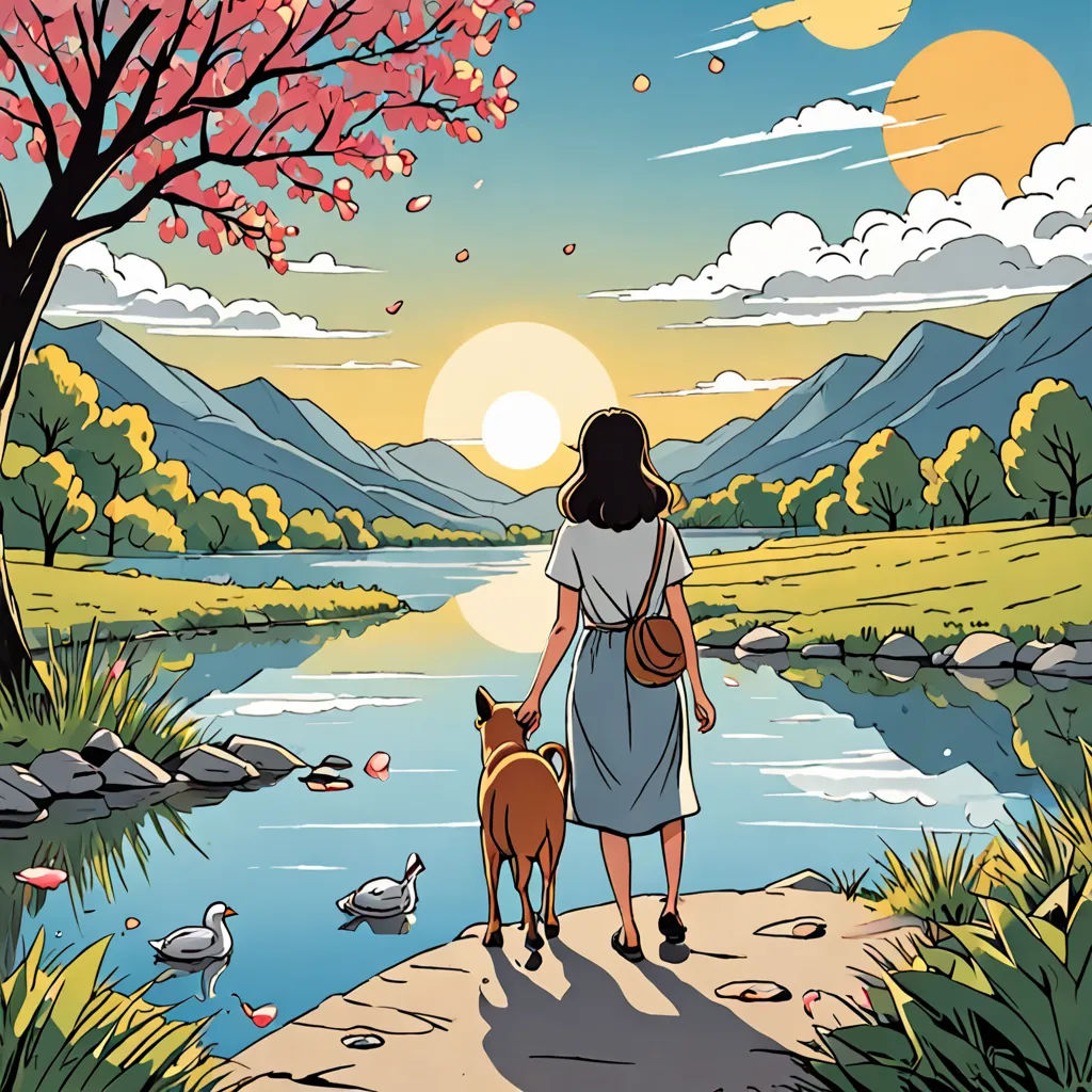 a woman walking her dog along a river with a sunset in the background and a tree with pink blossoms, lyco art, a storybook illustration, Asaf Hanuka, comic cover art