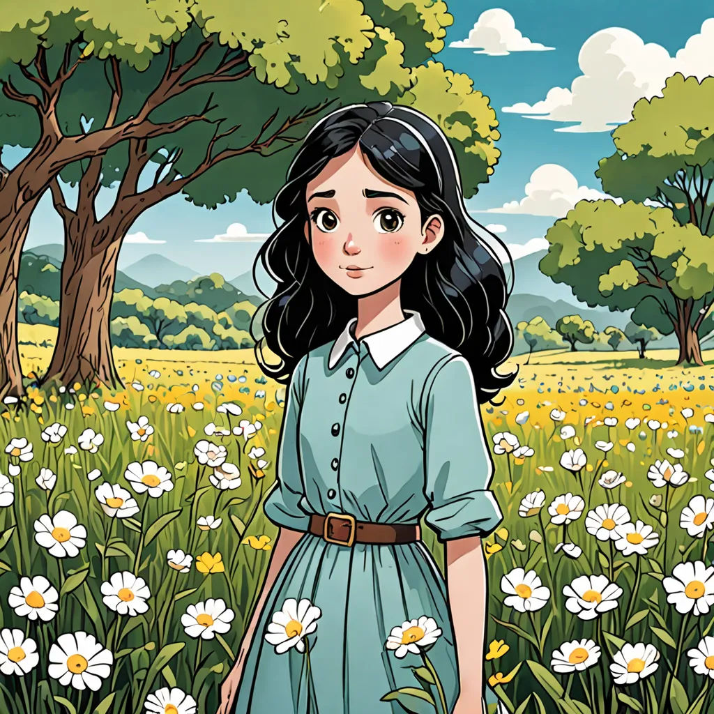 a girl in a field of daisies with trees in the background and clouds in the sky above her, color field, a character portrait, Elinor Proby Adams, comic cover art